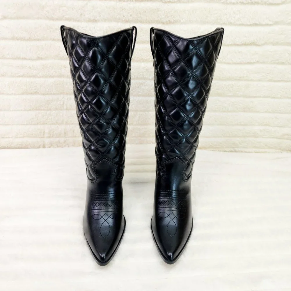 Bells Quilted Faux Leather Western Mid Calf Cowgirl Boots Black_6